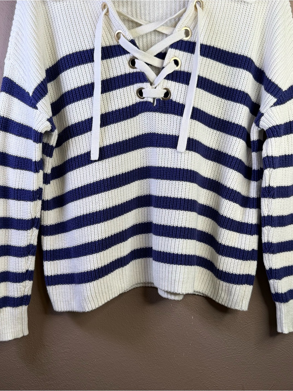 LOFT Women's Nautical Navy & White Stripe Lace Up Sweater Women’s Size Small - Picture 4 of 16